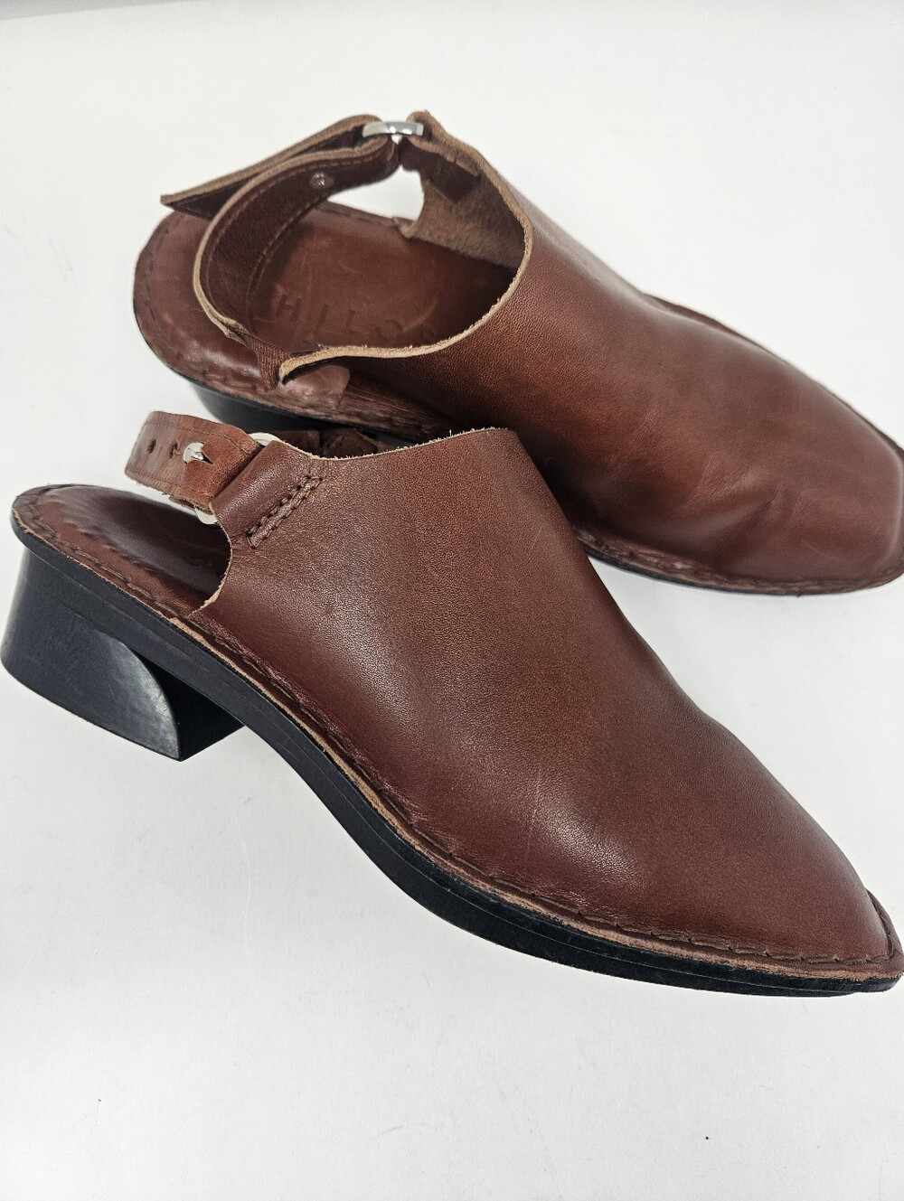 Hilos Aurora Slingback Mules Whiskey Brown Leather Cresent Heel Wmns Size 7